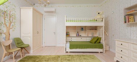 Interior of modern bedroom with shelves