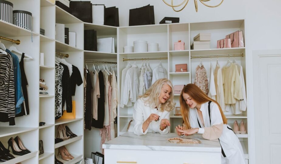 : Two women in a walk-in closet designing a closet space that fits your fashion needs