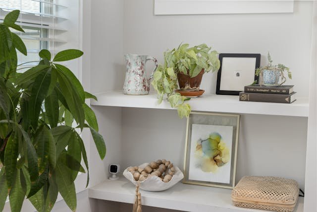 A white shelf decorated with small plants, books, and framed artwork, creating a peaceful home wellness space